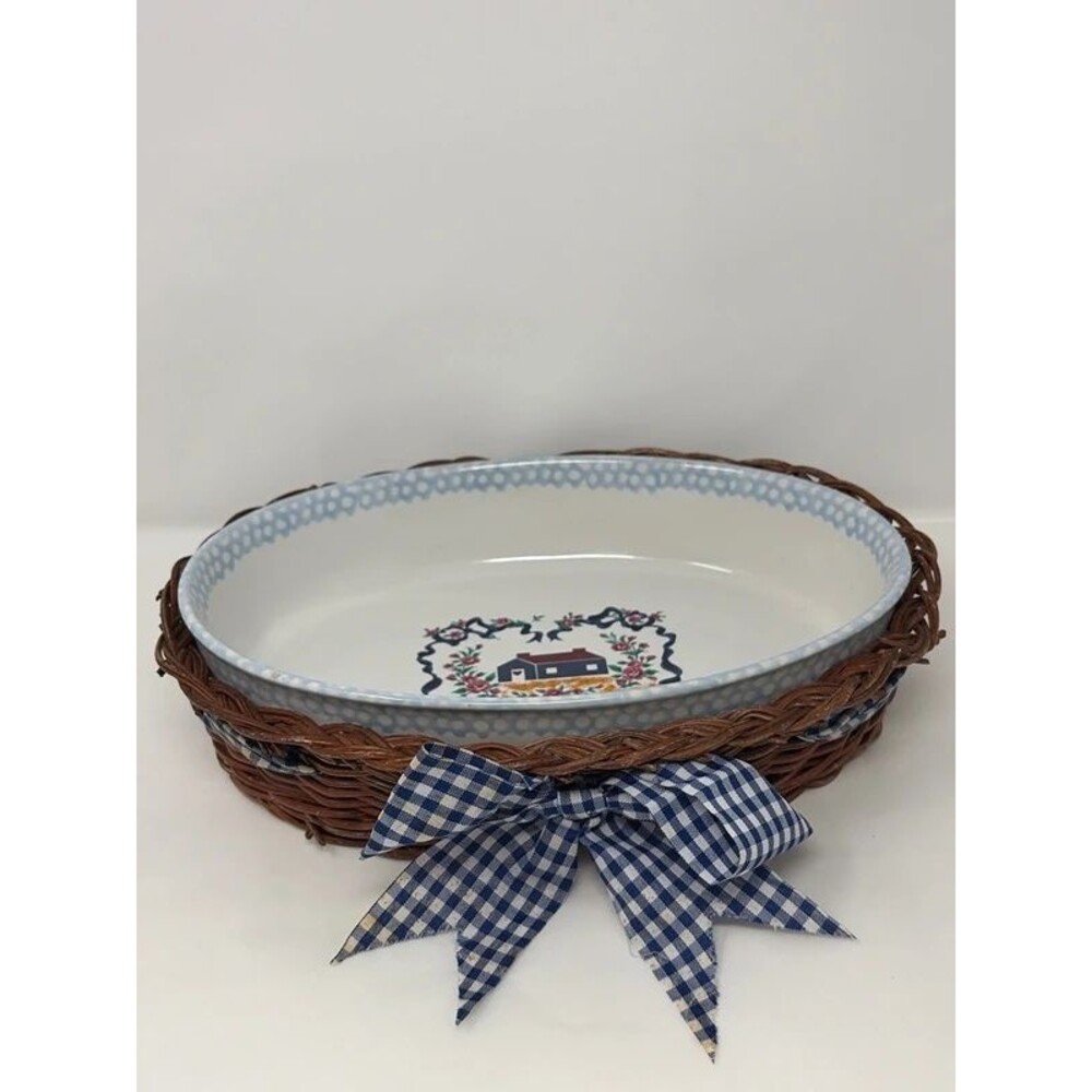 Vintage 1995 Teamson Stoneware Oval Casserole Baking Dish with Wicker Basket Bow